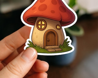 Autocollant Maison Champignon | Sticker Vinyle Maison de Fée Cottagecore Mignonne | Sticker Cabane Champignon Fantastique | Esthétique Nature Fantaisie