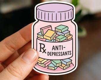 Pegatina de libro de antidepresivos / Calcomanía divertida de frasco de pastillas lleno de libros / Pegatina de humor para amantes de la lectura / Vinilo para bibliófilos