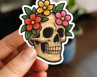 Skull with Flowers Sticker | Gothic Floral Creepy Cute Decal | Waterproof Vinyl Sticker for Laptops, Bottles & Journals