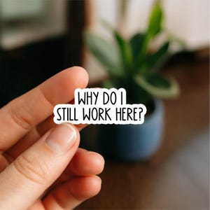May include: A white sticker with the black text "WHY DO I STILL WORK HERE?". The sticker is held in a hand, with a blurred background showing a plant in a dark blue pot. The text is in a sans-serif font.