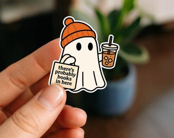 Ghost Holding Books Tote Bag Sticker | Cute Bookish Ghost Sticker | Waterproof Laptop, Kindle, Planner, Water Bottle