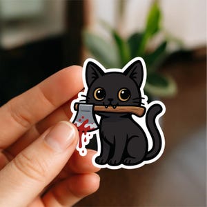 Bloody Axe Cat Sticker – Creepy Cute Black Cat with Axe, Gothic Spooky Horror Aesthetic Vinyl Decal, Halloween sticker