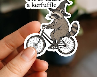 Off To Cause A Kerfuffle Sticker, Funny Raccoon Sticker, Chaotic Animal Humor Vinyl Decal, Waterproof Laptop Tumbler Sticker