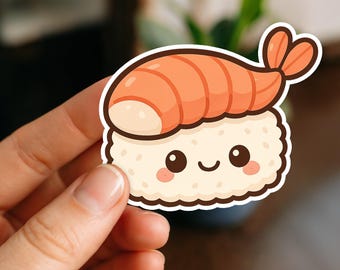 Cute Shrimp Sushi Waterproof Sticker, Glossy Vinyl Decal