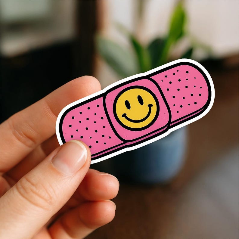 Pink Bandage Sticker Cute Pink Bandage Sticker With Smiley Face – Funny Bandaid Vinyl ...