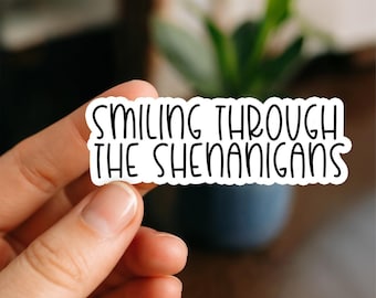 Smiling Through the Shenanigans Waterproof Sticker, Glossy, Funny Stickers, Laptop Stickers, Decals, Kindle stickers, anxiety, introvert