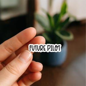 May include: A white sticker with the text "FUTURE PILOT" in black, held between fingers. The sticker has a black border. The background is blurred, featuring a small potted plant and a wooden surface.