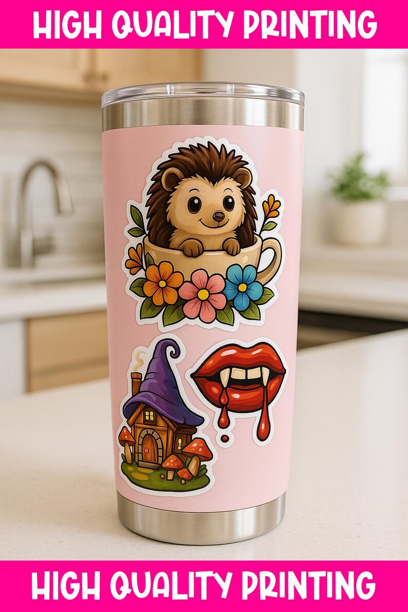 A pink tumbler with various stickers on it, including a hedgehog, a fairy house, and a vampire-like character.