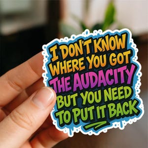 May include: A colorful sticker with the text "I DON'T KNOW WHERE YOU GOT THE AUDACITY BUT YOU NEED TO PUT IT BACK". The sticker has a blue border with white accents and a graffiti-style font.