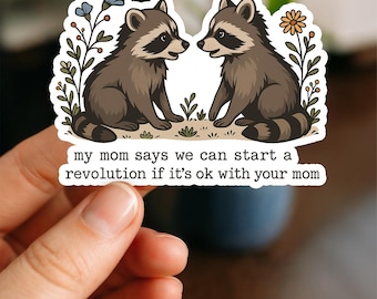 My Mom Says We Can Start A Revolution If It's Ok With Your Mom Sticker, Funny Raccoon Vinyl Decal, Waterproof Laptop Tumbler Sticker