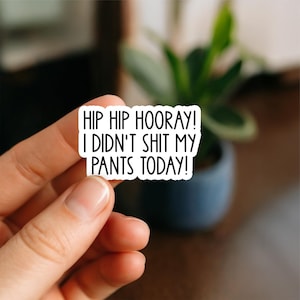 Könnte beinhalten: Ein weißer Aufkleber mit schwarzem Text, der lautet: "HIP HIP HOORAY! I DIDN'T SHIT MY PANTS TODAY!". Der Aufkleber ist rechteckig mit abgerundeten Ecken. Der Aufkleber wird von den Fingern einer Person gehalten.