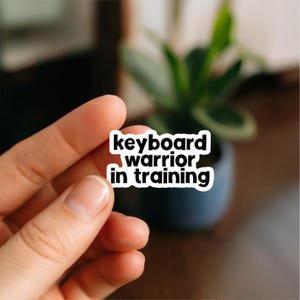 Peut inclure: Un autocollant blanc avec le texte noir "keyboard warrior in training". L'autocollant est tenu par une main, avec un arrière-plan flou avec une plante dans un pot bleu foncé.