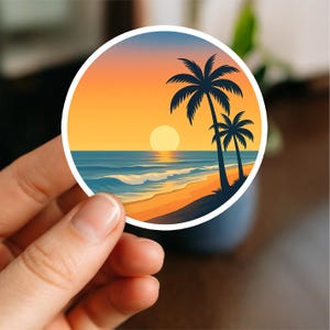 May include: A circular sticker depicting a tropical beach at sunset. The design shows a yellow sun, blue ocean, sandy beach, and two palm trees. The sticker has a white border.