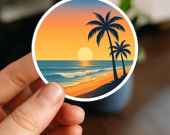 Beach Sunset Sticker, Ocean Aesthetic Sticker, Coastal Summer Vinyl Decal, Waterproof Laptop Tumbler Water Bottle Travel Sticker