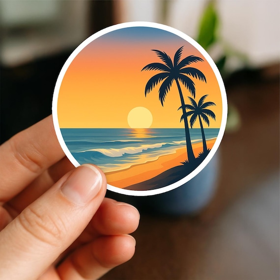 Beach Sunset Sticker, Ocean Aesthetic Sticker, Coastal Summer Vinyl Decal, Waterproof Laptop Tumbler Water Bottle Travel Sticker