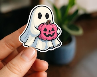 Ghost Holding Pink Pumpkin Sticker | Cute Pastel Halloween Sticker for Planners, Laptops, Water Bottles, and Tumblers