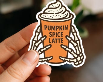 Pumpkin Spice Latte Skeleton Hands Sticker – Cute Spooky Coffee Cup Halloween Fall Aesthetic Vinyl Decal