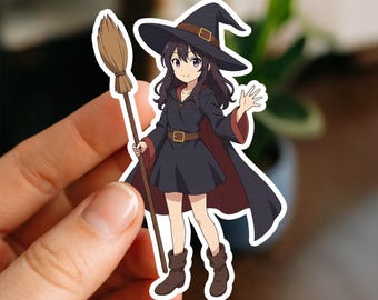 Anime Witch Sticker – Cute Kawaii Witch Girl with Magic Broom, Pastel Spooky Halloween Aesthetic Vinyl Decal