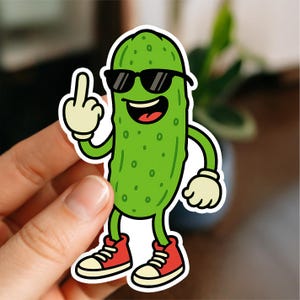 Funny Pickle Sticker Middle Finger, Rude Vegetable Decal, Sarcastic Vinyl Laptop Sticker, Gag Gift, Waterproof Water Bottle Sticker