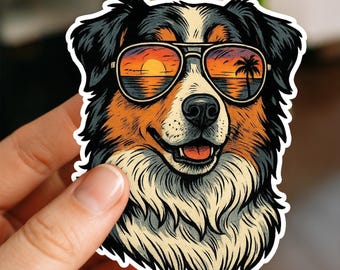 Cool Australian Shepherd Sticker – Cartoon Aussie Dog with Sunglasses – Cute Vinyl Sticker for Dog Lovers – Fun Pet Decal for Laptops