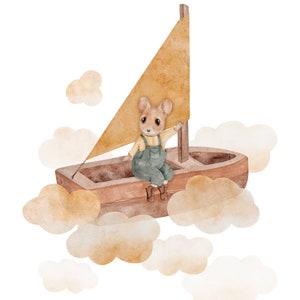 1 Poster Heißluftballon/Segelschiff/Korbballon Kinderzimmer A3 Abenteuer Babyzimmer Boho Kinderzimmer für Mädchen Kinder Poster Maus, Bär