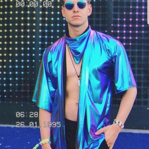 Blue Holographic Kimono | Holographic Jacket| Iridescent Kimono | Festival Kimono| Men's Festival Clothes |