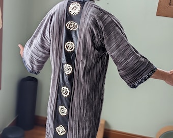 Reflective Chakras Rave Kimono | Silver & Black Velvet Kimono| Reflective Mystic Festival Cloak| Festival Jacket | Festival Robe|