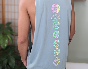 Reflective Chakras Cut Off Shirt| Holographic Chakra Shirt| Men's Yoga Shirt| That Electric Touch Graphic Shirt | Men's Festival Cut Off|