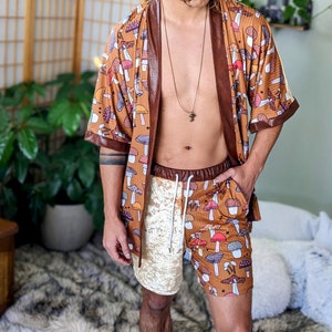 Retro Vintage Mushroom Kimono Set | Retro Festival Hippy Outfit| Boho Men's Kimono |Trippy Festival Kimono| Men's Festival Robe|