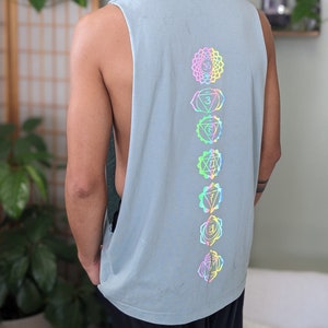 Reflective Chakras Cut Off Shirt| Holographic Chakra Shirt| Men's Yoga Shirt| That Electric Touch Graphic Shirt | Men's Festival Cut Off|