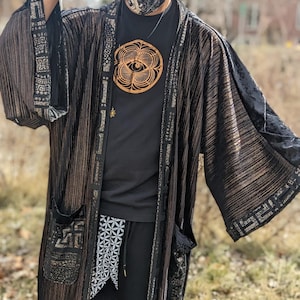 Metallic Festival Duster Kimono | Metallic Earthy Velvet Kimono| Bronze Floor Length Cloak | Iridescent Tribal Festival Jacket with Pockets