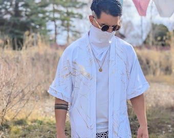 Gold Quartz White Festival Kimono | Quartz White Festival Jacket | Marble White & Gold Rave Kimono|