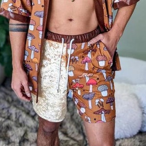 Retro Mushroom Men&#39;s Shorts| Trippy Rave Shorts | Boho Mushroom Summer Shorts| Retro Shorts| Men&#39;s Drawstring Shorts