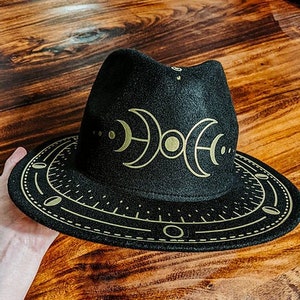 Golden Luna Hat: Black Felt Wide Brim with Moon Phases