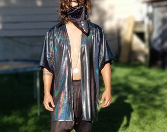 Men's Iridescent Rave Kimono: Festival Party Robe