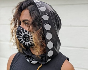 Reflective Moon Phase Hood| Festival Hood| Rave Hood| Mens Rave Hood| Reflective Hood