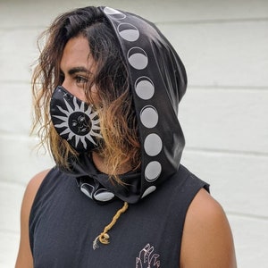 Reflective Moon Phase Hood| Festival Hood| Rave Hood| Mens Rave Hood| Reflective Hood