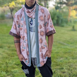 Retro Mushroom Kimono: Mystic Sun Print, Faux Leather Trim