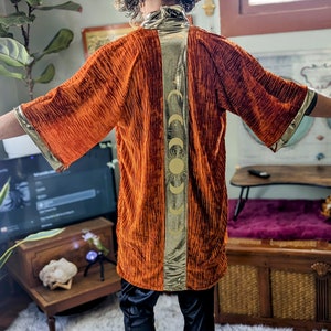 Celestial Rave Kimono | Orange & Gold Velvet Kimono| Festival Cloak| Festival Jacket | Festival Robe| Men's Festival Clothes |