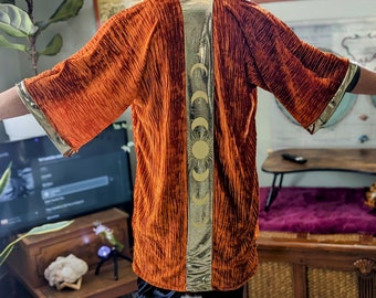 Celestial Rave Kimono | Orange & Gold Velvet Kimono| Festival Cloak| Festival Jacket | Festival Robe| Men's Festival Clothes |