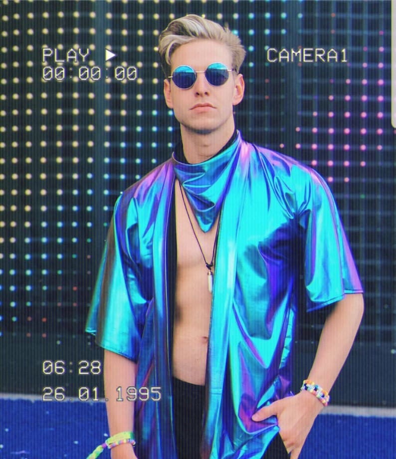 Blue Holographic Kimono | Holographic Jacket| Iridescent Kimono | Festival Kimono| Men's Festival Clothes | 