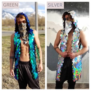 Men's Rave Vest |  Men's Sequin Vest| Festival Hoodie | Holographic | Sleeveless Hoodie | Rave Hoodie | Men's Festival Clothes| Iridescent|