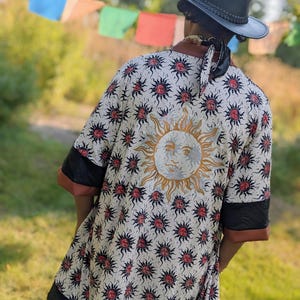 Retro Mystic Sun Kimono: Patchwork Festival Cloak with Faux Leather Trim