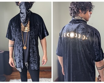 Men's Rave Kimono | Lunar Black Kimono| Moon Phases | Festival Cloak| Reflective Velvet Kimono| Celestial Festival Jacket