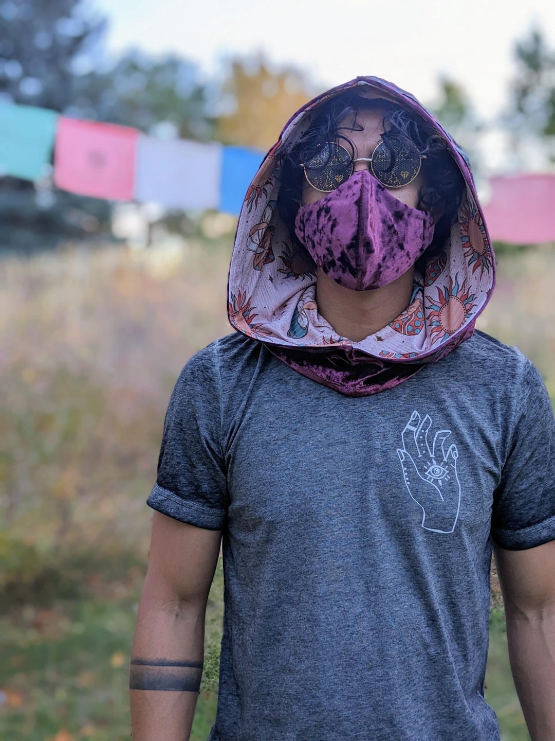 Reversible Trippy Mushroom Hood| Velvet Hippy Festival Hood