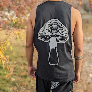 Reflective Mushroom Graphic Shirt: Rave Cut Off Tank Top