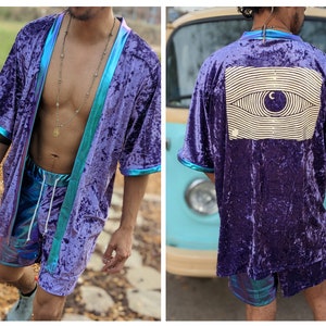 Reflective Trippy Eye Kimono Set | Holographic Velvet Festival Hippy Outfit| Boho Men&#39;s Kimono |Trippy Festival Kimono| Men&#39;s Festival Robe|
