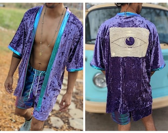 Reflective Trippy Eye Kimono Set | Holographic Velvet Festival Hippy Outfit| Boho Men's Kimono |Trippy Festival Kimono| Men's Festival Robe|