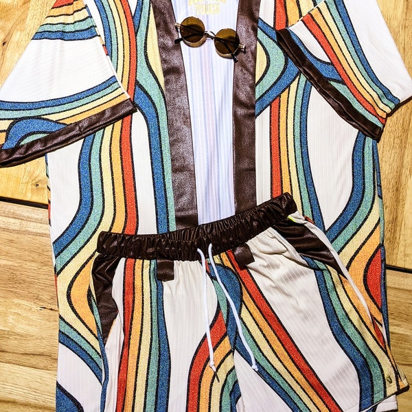 Retro Vintage Stripe Kimono Set | Retro Festival Hippy Outfit| Boho Men's Kimono |Trippy Festival Kimono| Men's Festival Robe|