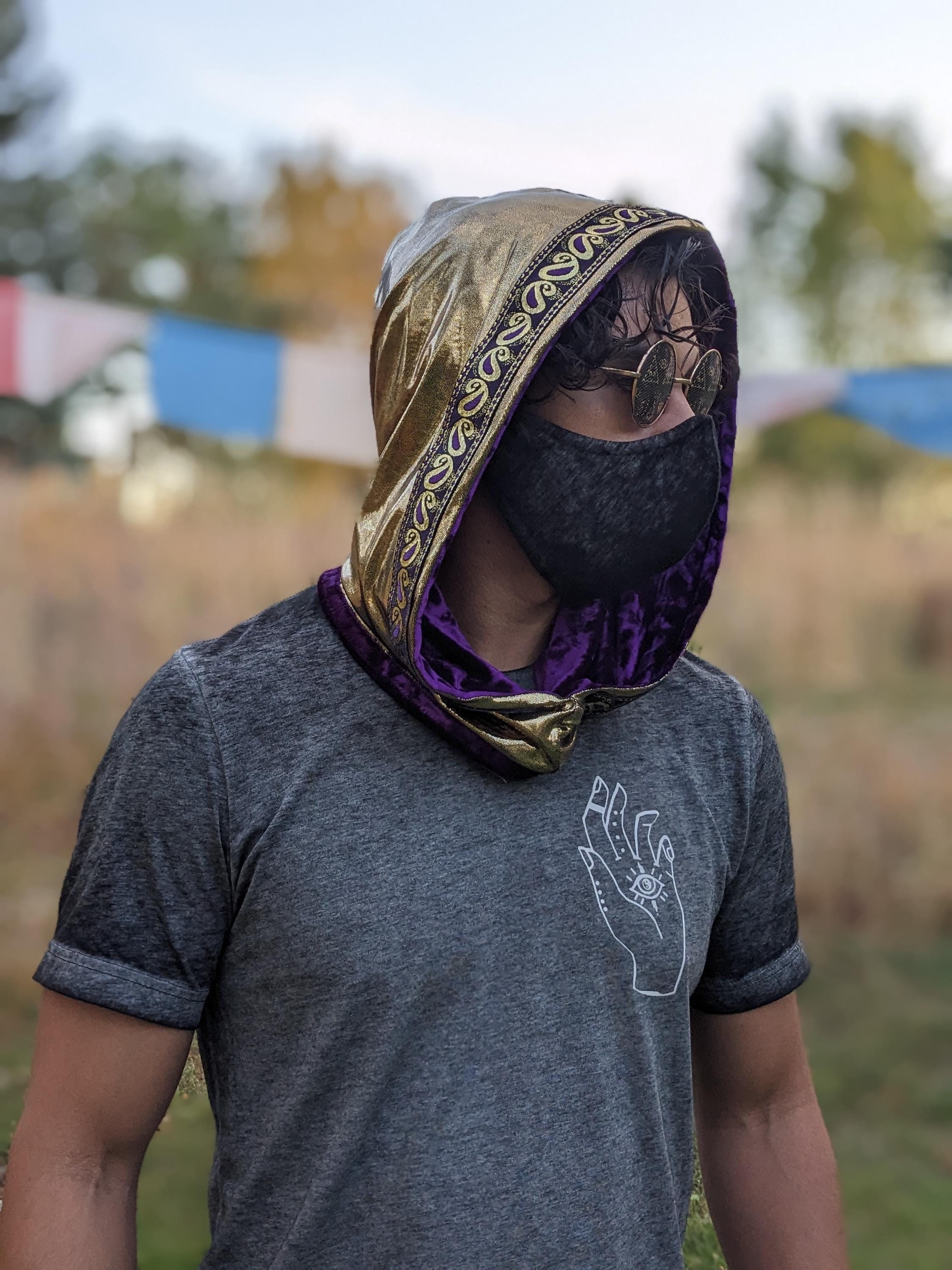 Reversible Velvet Hood: Gold & Purple Rave Festival Wear - Etsy display picture 1